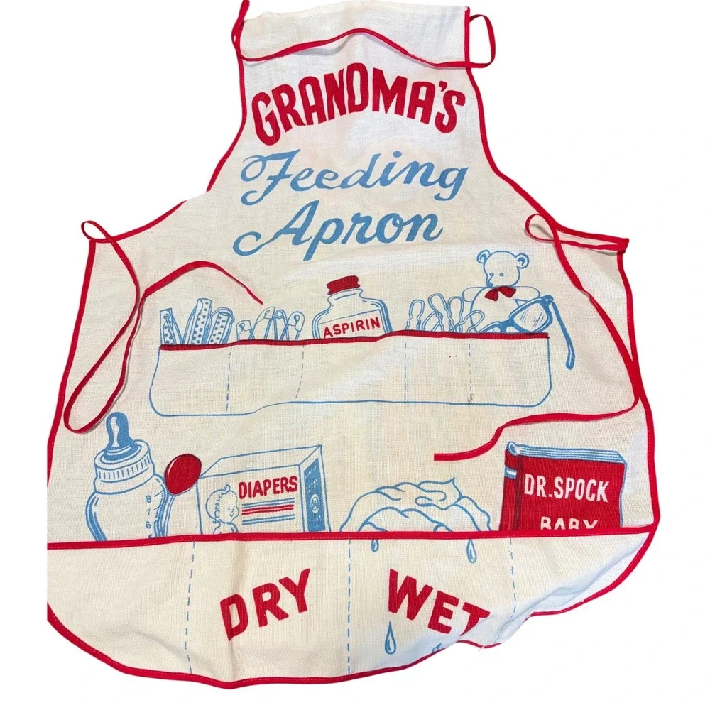 Vintage Grandmas Feeding Apron Novelty Baby Shower Gag Gift White Red Blue